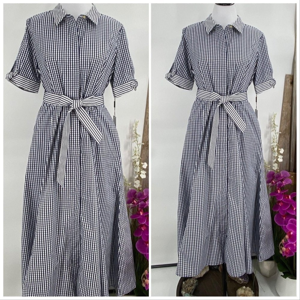 CALVIN KLEIN BLUE & WHITE GINGHAM FIT & FLARE MAXI DRESS SIZE 12 PETITE - Picture 14 of 16